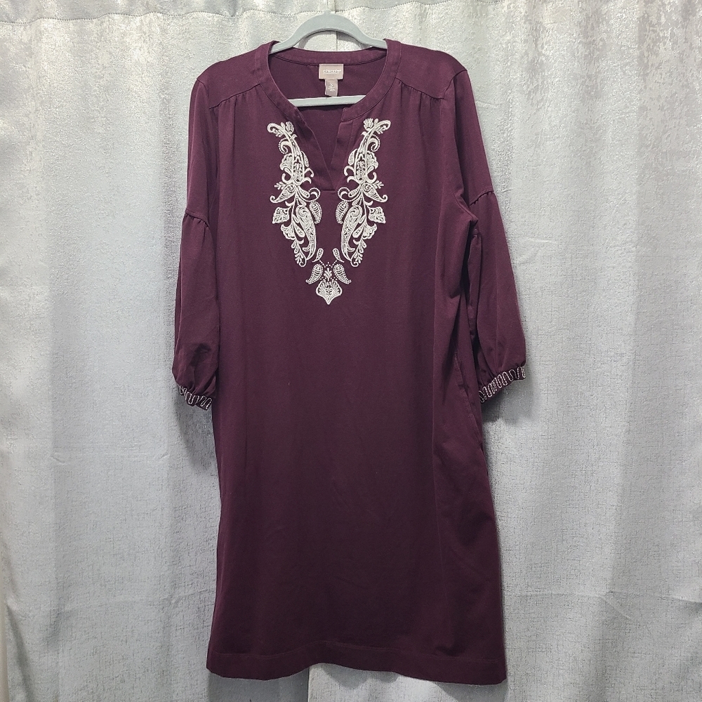 Chico's Embroidery Trimmed long‎ sleeve Split V Neck Midi Dress 3